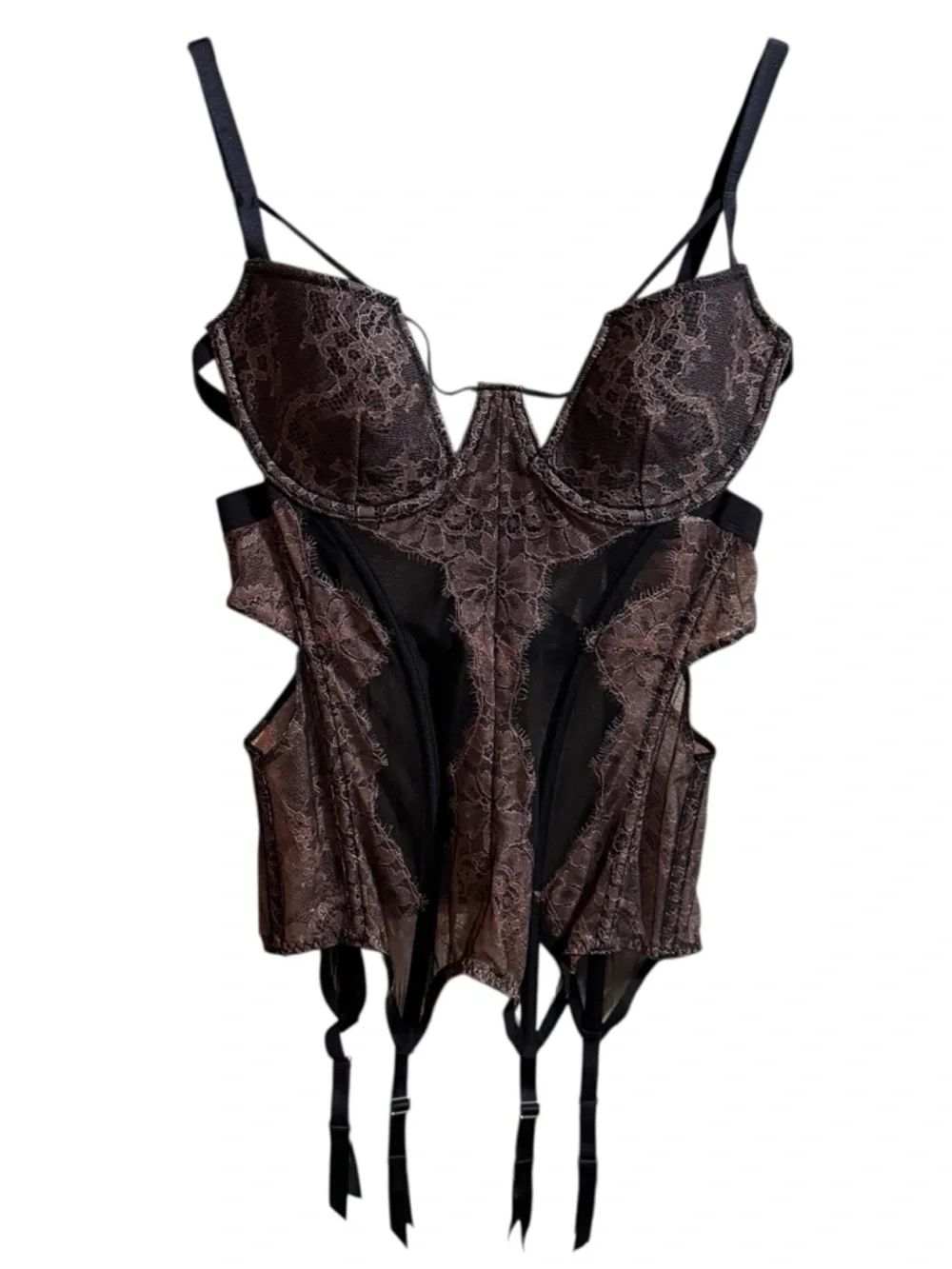 Victoria's‎ Secret Black and Pink Lace Bustier with Garter Straps Sz 36D